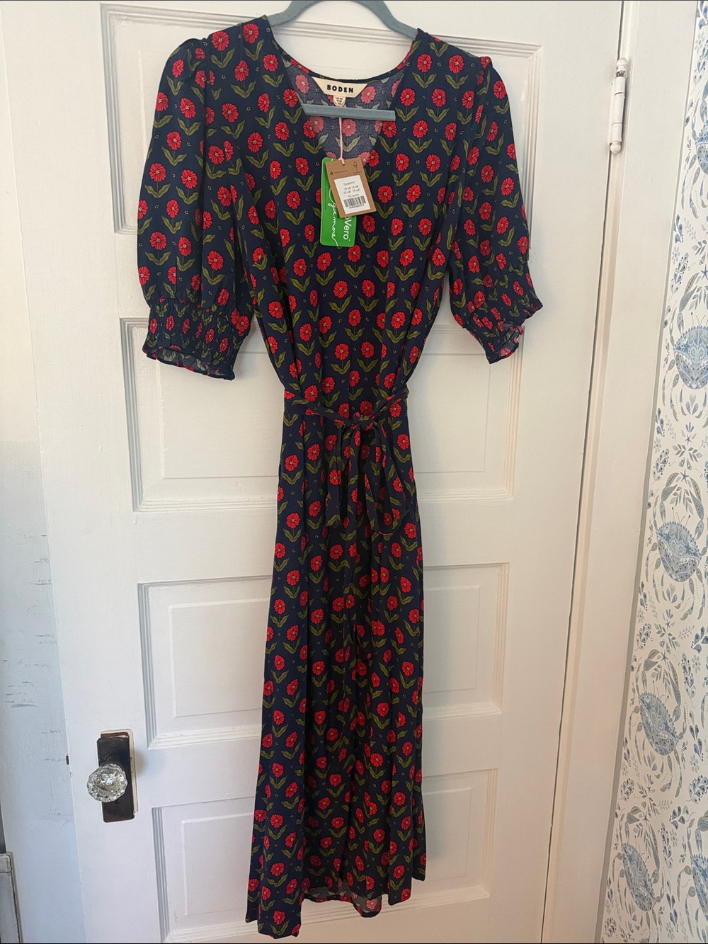 Boden Navy Midi Dress with Red Floral Print
